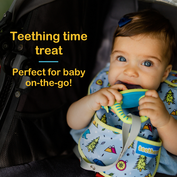 Happy baby wearing a no-mess bib and using a teether in the stroller 