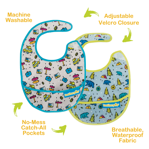 Close-up of features of mess-free baby bibs 
