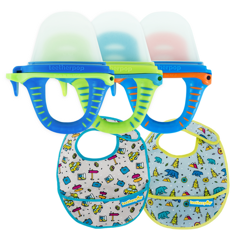 3 teethers and two bibs in gift set 